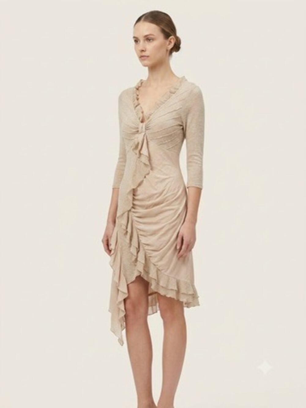 Zone Bleue Vintage Linen Blend Ruffled Dress Beige, approx M